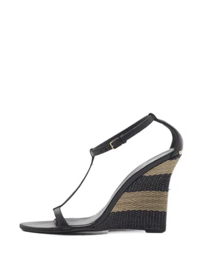 Pre-owned Burberry T-strap Wedge Sandals In Black