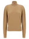 Burberry High-neck Wool Sweater With Logo Intarsia In Beige