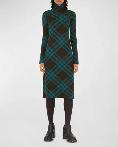 BURBERRY TURTLENECK CHECK KNIT MIDI SWEATER DRESS