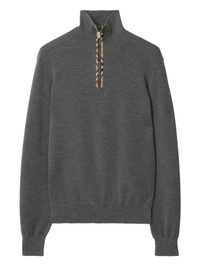 Burberry Turtleneck Check-trim Half-zip Sweater In Gray
