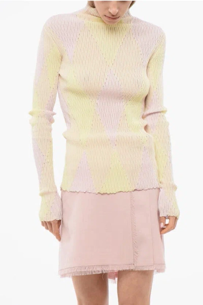 BURBERRY TURTLENECK SILK BLEND SWEATER WITH ARGYLE MOTIF