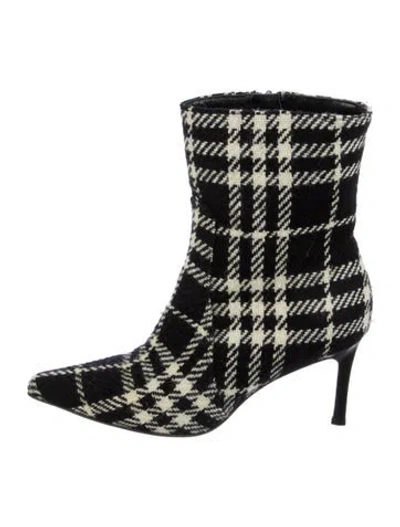 Pre-owned Burberry Tweed Plaid Print Sock Boots In Black