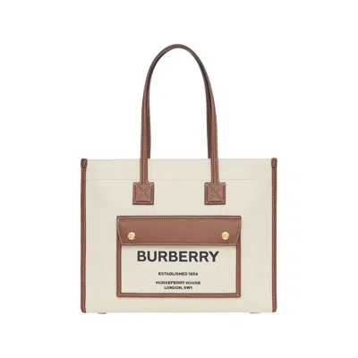 Pre-owned Burberry Two Tone Canvas And Leather Small Freya Tote 'natural/tan'