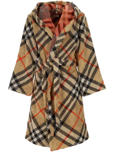 Burberry Belted Checked Cotton-terry Robe In Brown