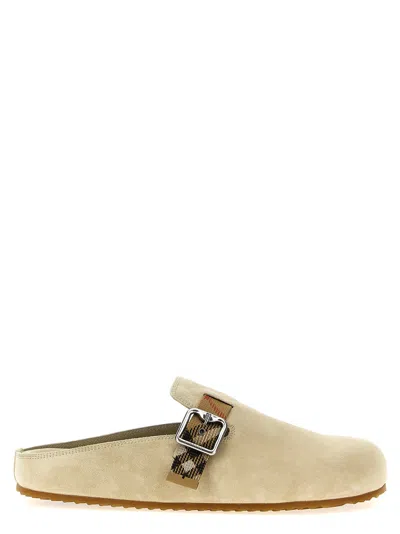 Burberry Slip-on Clog With Suede Finish And Buckle Detail In Beige