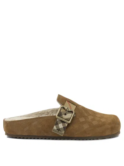 Burberry Urchin Shearling Clog With Check Jute In Brown