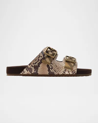 Burberry Urchin Python-printed Leather Dual Buckle Slide Sandals In Brown
