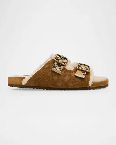 Burberry Urchin Shearling-lined Suede Dual Buckle Slide Sandals In Orange