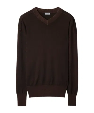 Burberry V-neck Knitted Sweater In Brown