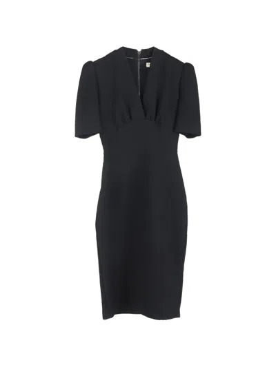 Pre-owned Burberry V-neck Short-sleeve Midi Dress In Black