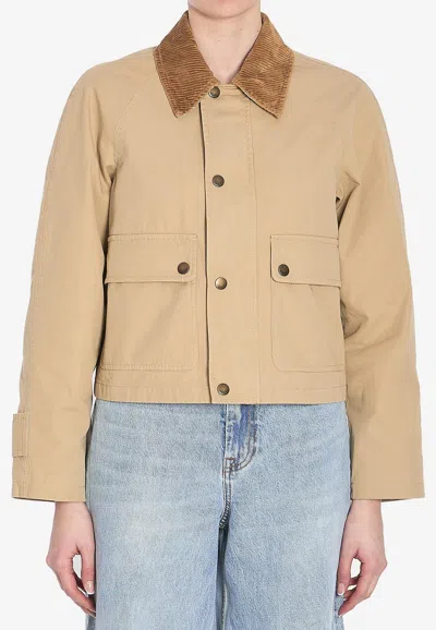 Burberry Velvet Collar Cropped Jacket In Sand