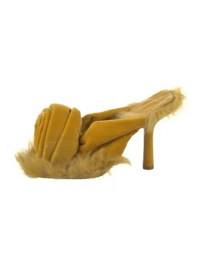Pre-owned Burberry Velvet Fur Trim Slides W/ Tags In Yellow