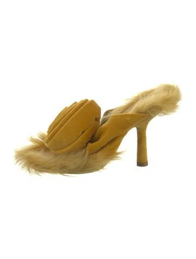 Pre-owned Burberry Velvet Fur Trim Slides In Yellow