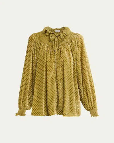 Burberry Velvet Smocked Ruffle Blouse In Gold