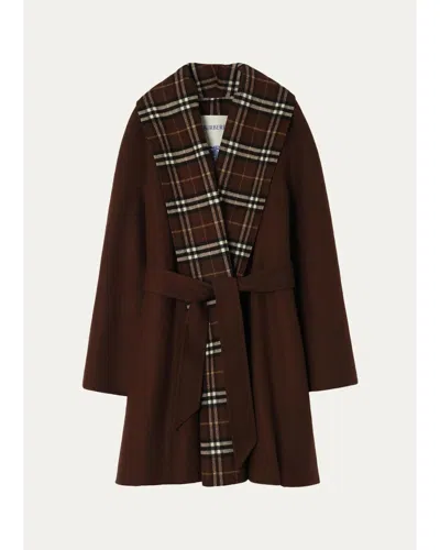 Burberry Verona Check Lapels Belted Double-wool Wrap Coat In Brown