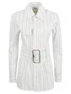 Burberry Vertical Striped Shirt With Belted Waist In White