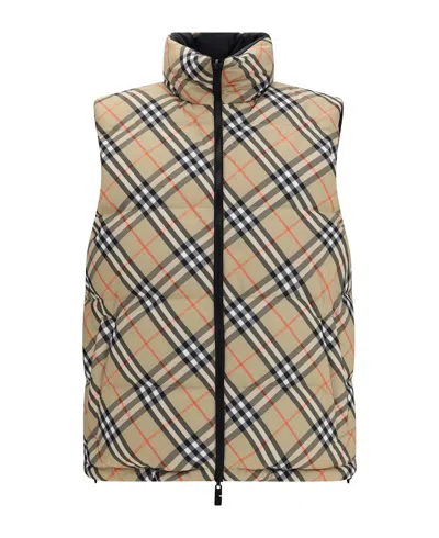 Burberry Beige Sleeveless Reversible Down Jacket With High Neck And All-over Check Motif In Tech Fabric Man In Neutral