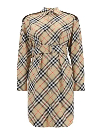 Burberry Chemisier Cotton Short Dress With Check Print In Nude
