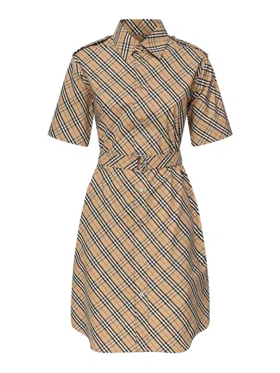 Burberry Checked Cotton Dress In Beige