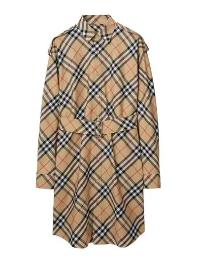 Burberry Chemisier Cotton Short Dress With Check Print In Nude
