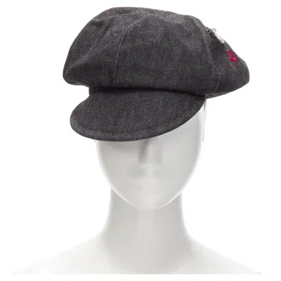 Pre-owned Burberry Vintage Black Denim Logo Embroidery Zip Zip Pocket Newboy Hat Sz 54