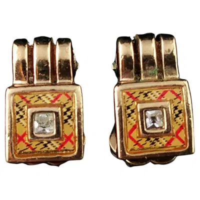 Pre-owned Burberry Vintage  Check Clip On Earrings, Gold Tone In Multi