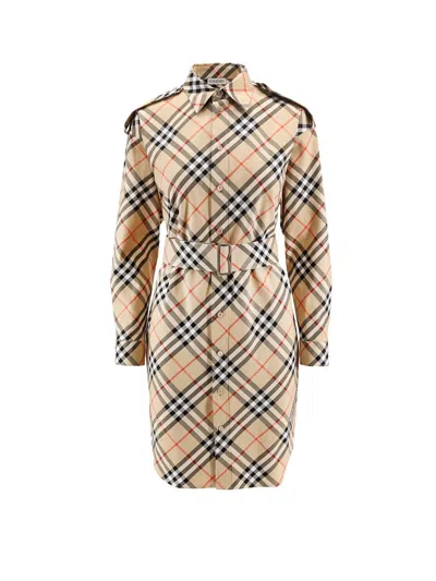 Burberry Vintage Check Belted Shirt Dress In Beige