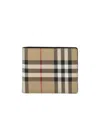 Burberry Beige Bifold Wallet With Check Motif In Techno Fabric In Nude