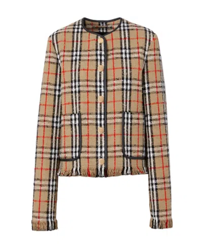 BURBERRY BURBERRY BUTTONED CHECKED FRINGED JACKET