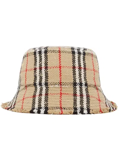 Burberry Check Cotton Bucket Hat Hats Beige In Brown