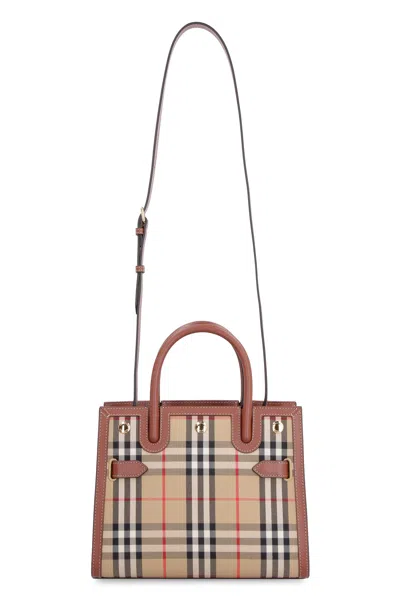 Burberry Vintage Check Canvas Handbag With Leather Details For Women In Beige