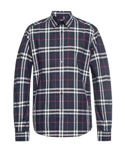 Burberry Embroidered Detail Check Cotton Shirt In Navy