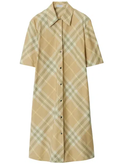 Burberry Check Motif Cotton Shirt Dress In Beige