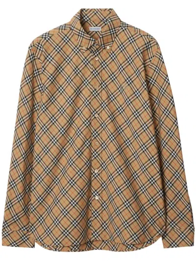 Burberry Cotton Check Shirt With Button-down Collar In Yellow