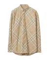 Burberry Men Beige Shirt With Button-down Collar And Check Motif In Cotton Man In Nude