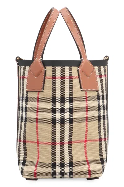 BURBERRY VINTAGE TAN CHECK TOTE BAG WITH LEATHER HANDLES AND REMOVABLE STRAP
