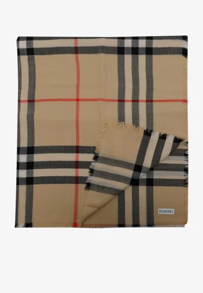 Burberry Vintage Check Fringed Wool Scarf In Brown