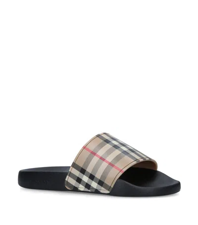 Burberry Check Slide Flat Open Toe Slippers In Black
