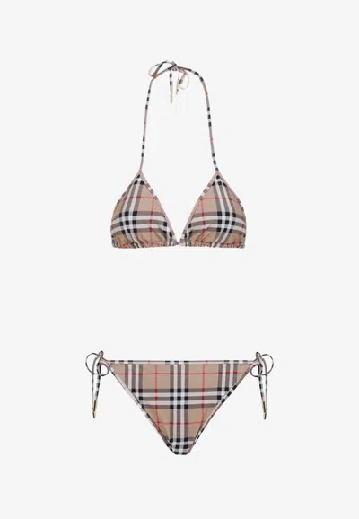 Burberry Vintage Check Halterneck Bikini In Beige