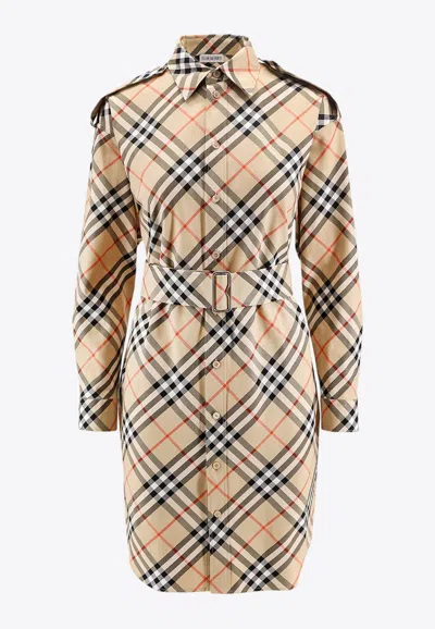 Burberry Vintage Check High-neck Belted Dress In Neutral