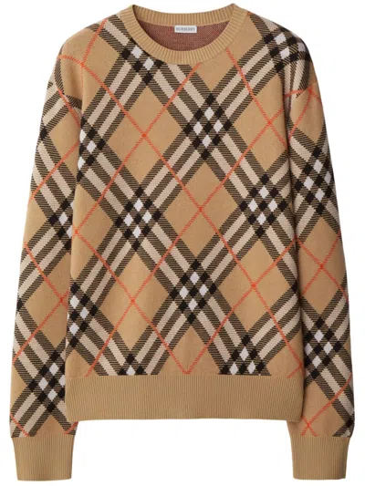 Burberry Beige Crewneck Sweater With Check Motif In Wool And Mohair Woman In Sand Check