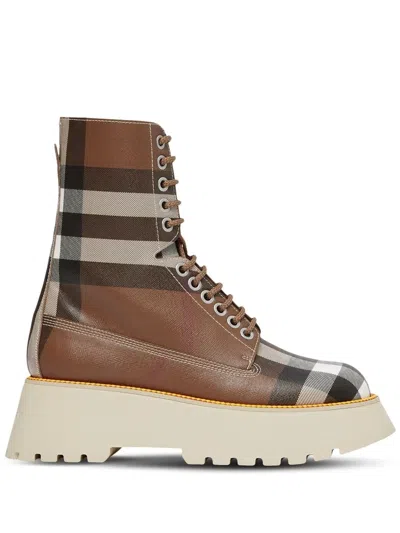 Burberry Vintage-check Leather Laced Boots In Brown