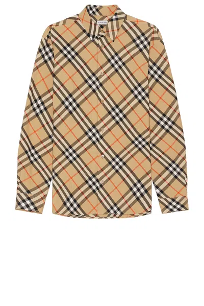 Burberry Beige Shirt With Classic Collar And All-over Check Motif In Cotton Man In Multi