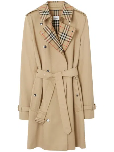 Burberry Vintage Check Motiv Cotton Trench Coat In Beige