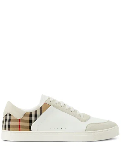 Burberry Vintage Check Panelled Leather Sneakers For Men In White