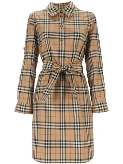 Burberry Vintage Check-pattern Belted Shirt Dress In Brown