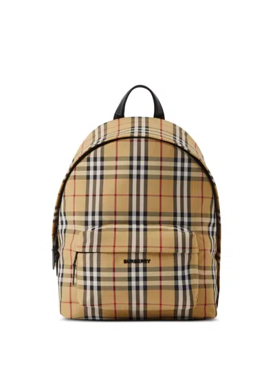 Burberry Check Motif Nylon Backpack In Beige