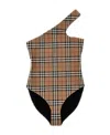 Burberry Check Stretch Nylon Asymmetric Swimsuit In Brown