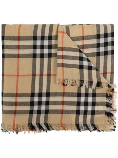 Burberry Vintage Check Pattern Scarf With Frayed Edges In Neutral
