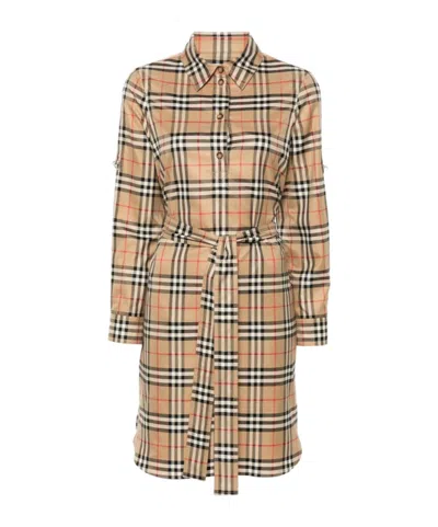 Burberry Vintage Check-pattern Belted Shirt Dress In Brown